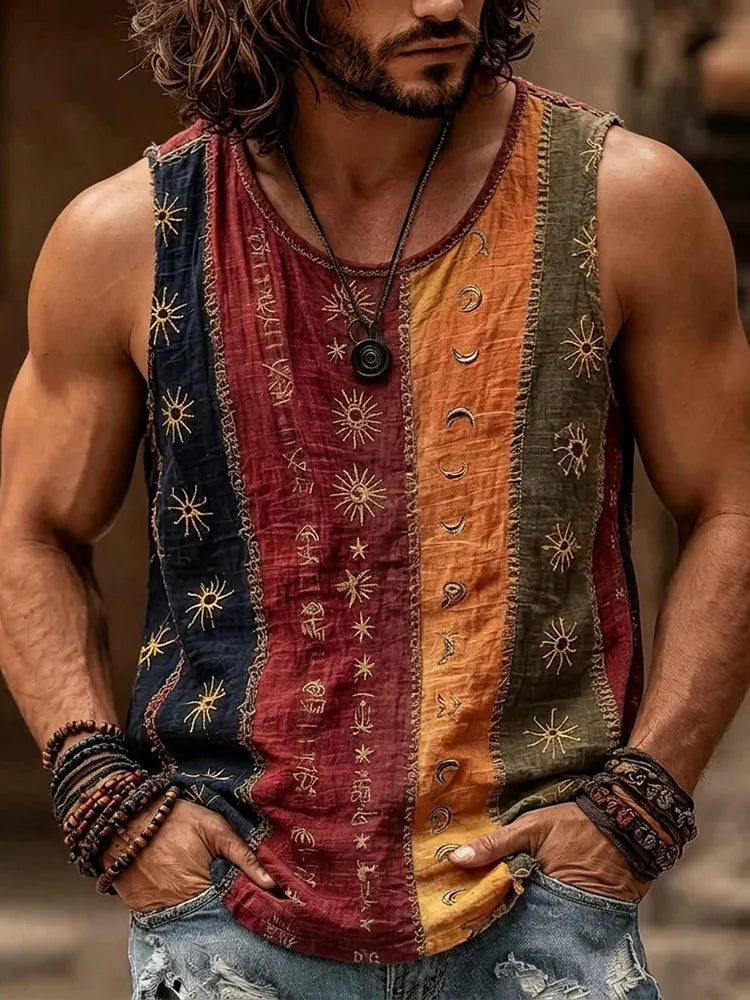Men's Retro Hippie Peace And Ethnic Floral Art Embroidered Casual Vest
