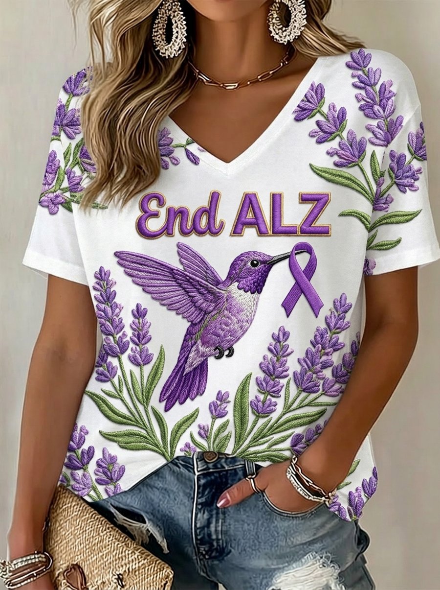 Women's Alzheimer's Awareness Floral Art V-Neck Short-Sleeve T-Shirt