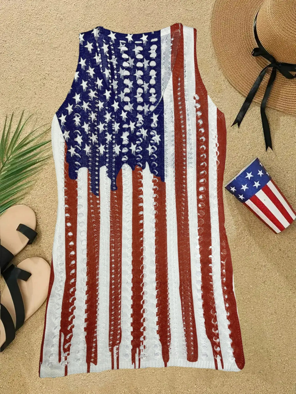 Women's American Flag Pattern Hollow Out Split Thigh 4th Of July Tank Dress Beach Cover-Up Dress