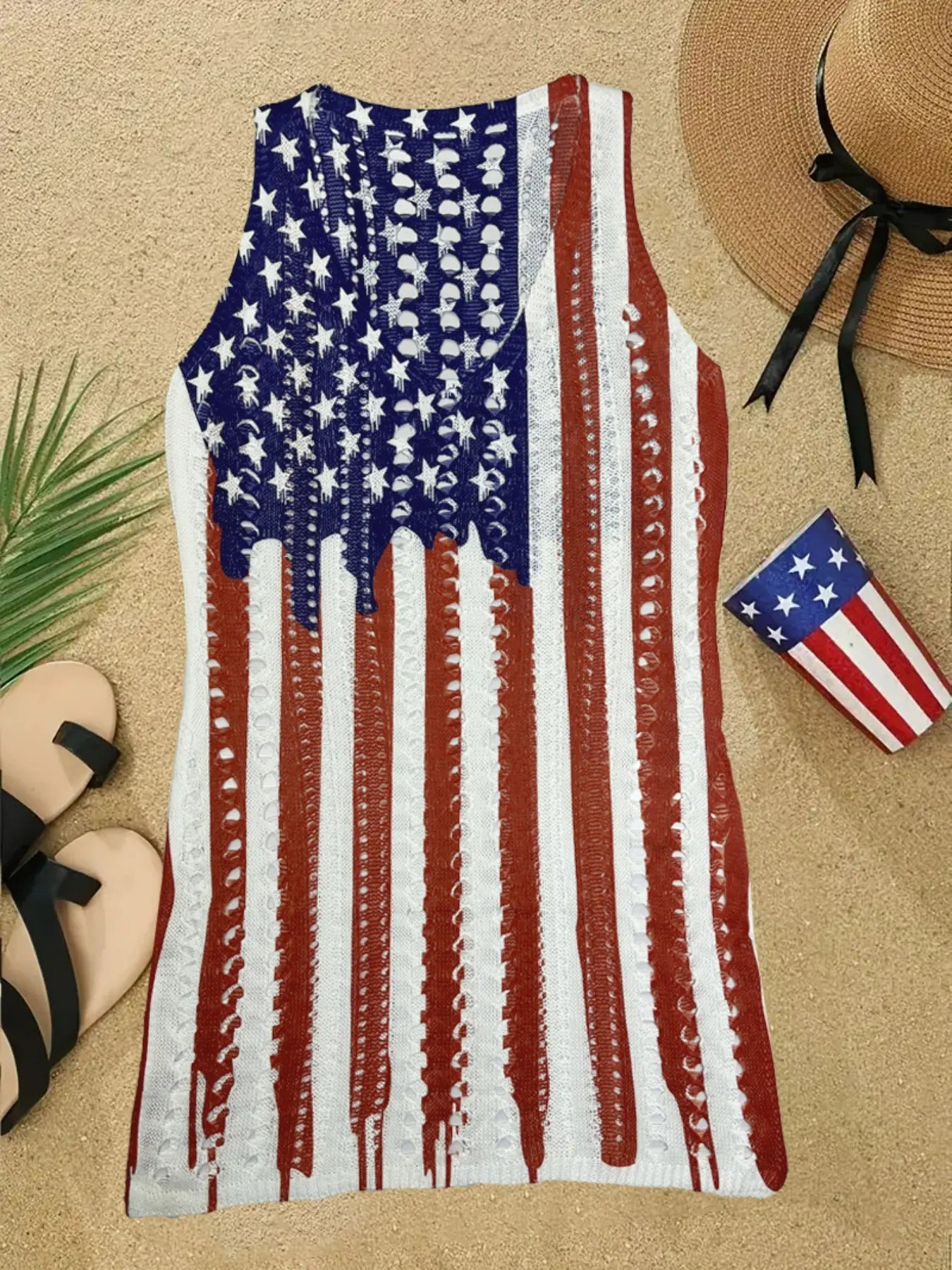 Women's American Flag Pattern Hollow Out Split Thigh 4th Of July Tank Dress Beach Cover-Up Dress
