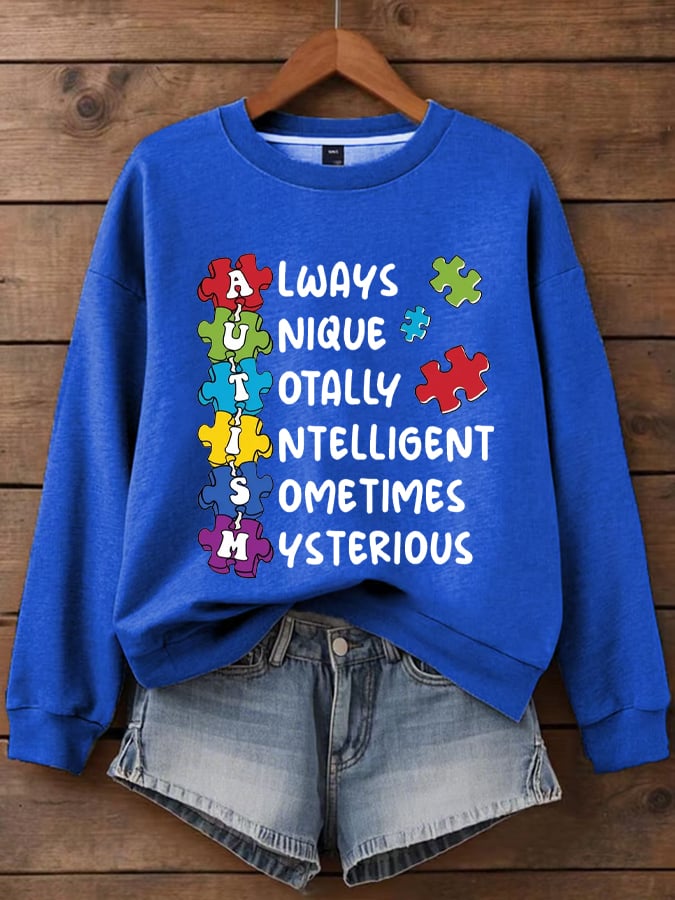 Women's "Always Unique Totally Intelligent Sometimes Mysterious" Autism Awareness Printed Casual Crew Neck Sweatshirt