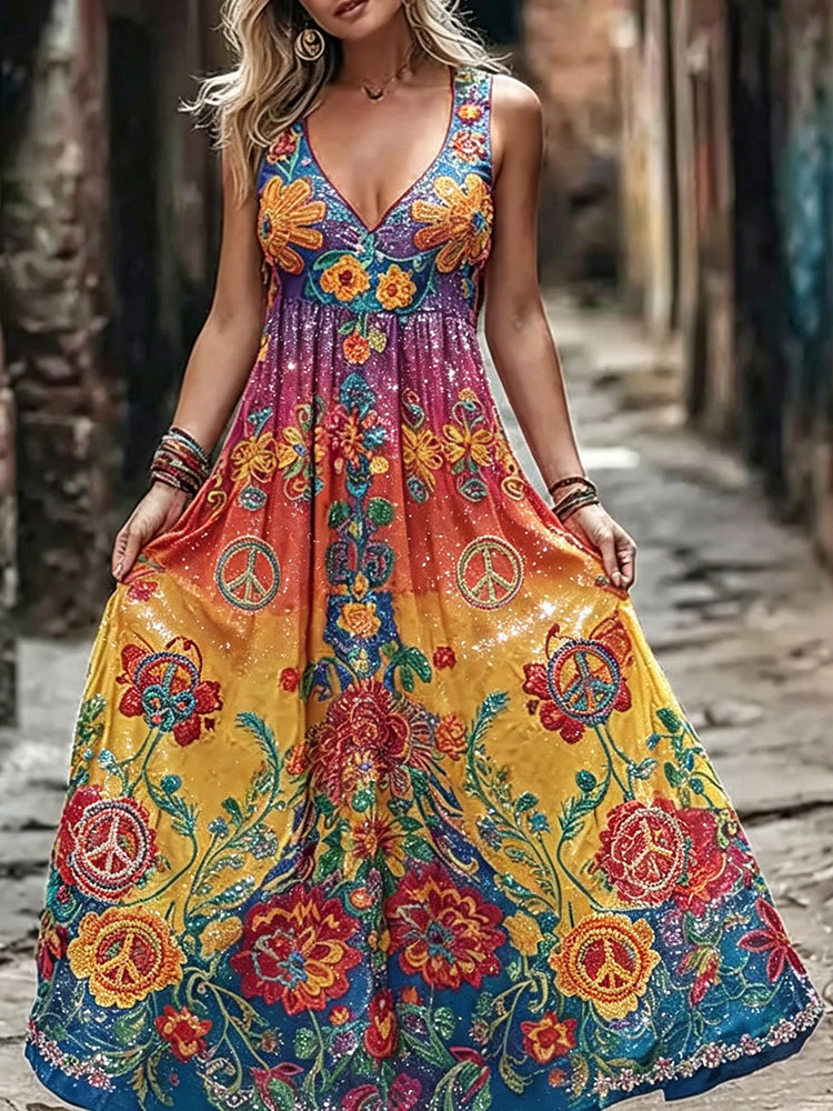 Women's Retro Hippie Floral Art Peace Symbol Embroidered Cotton Linen Sleeveless Dress