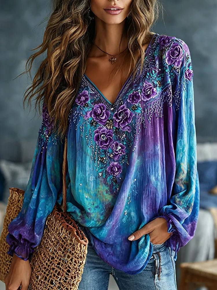 Women's Vintage Romantic Floral Art Linen Blend Long Sleeve Tops