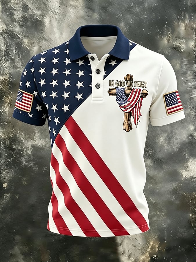 Men's Vintage Flag & Cross Print Casual Polo Shirt