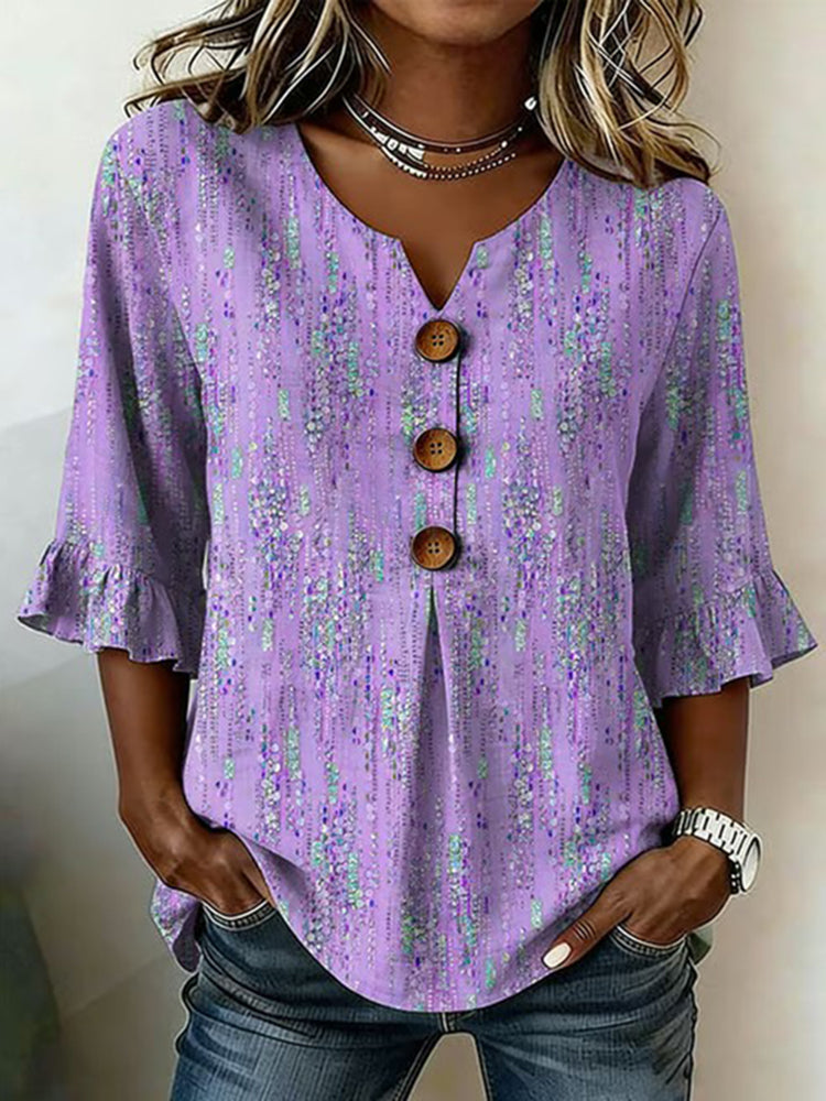 Women's Vintage Tribal Purple Floral Print Short Sleeved Shirt