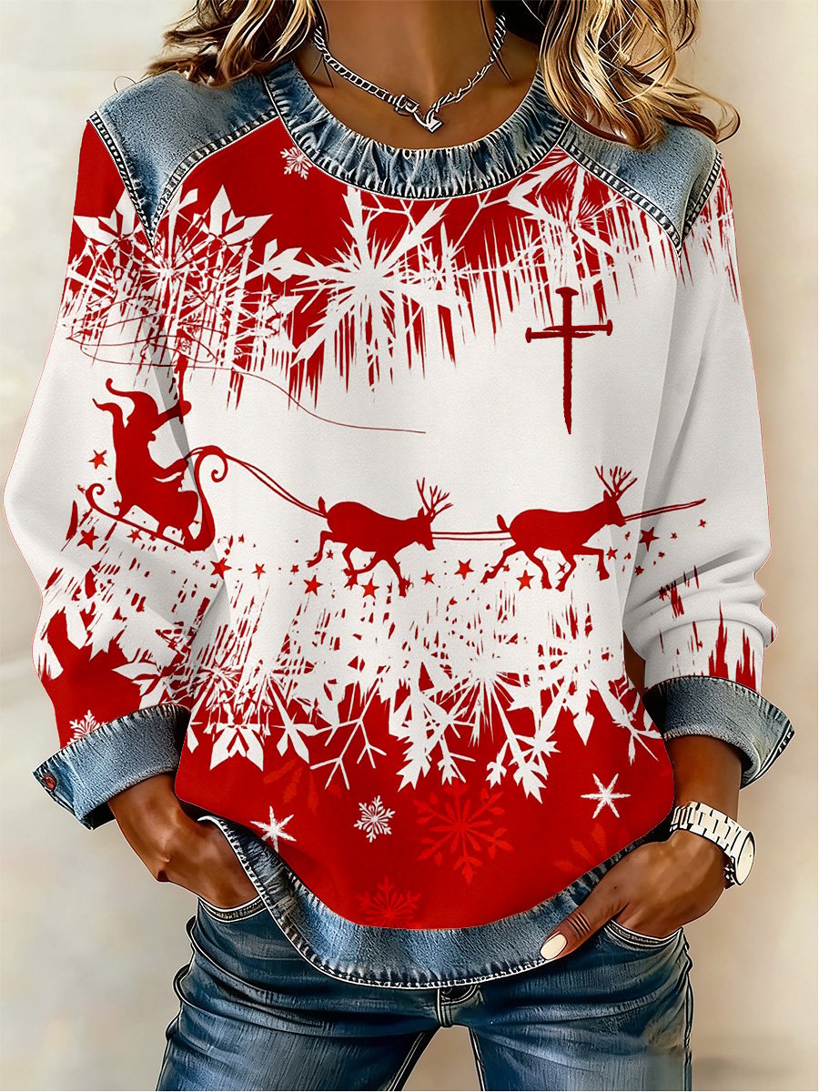 Women's Christmas Faith Print Crew Neck Long Sleeve Top