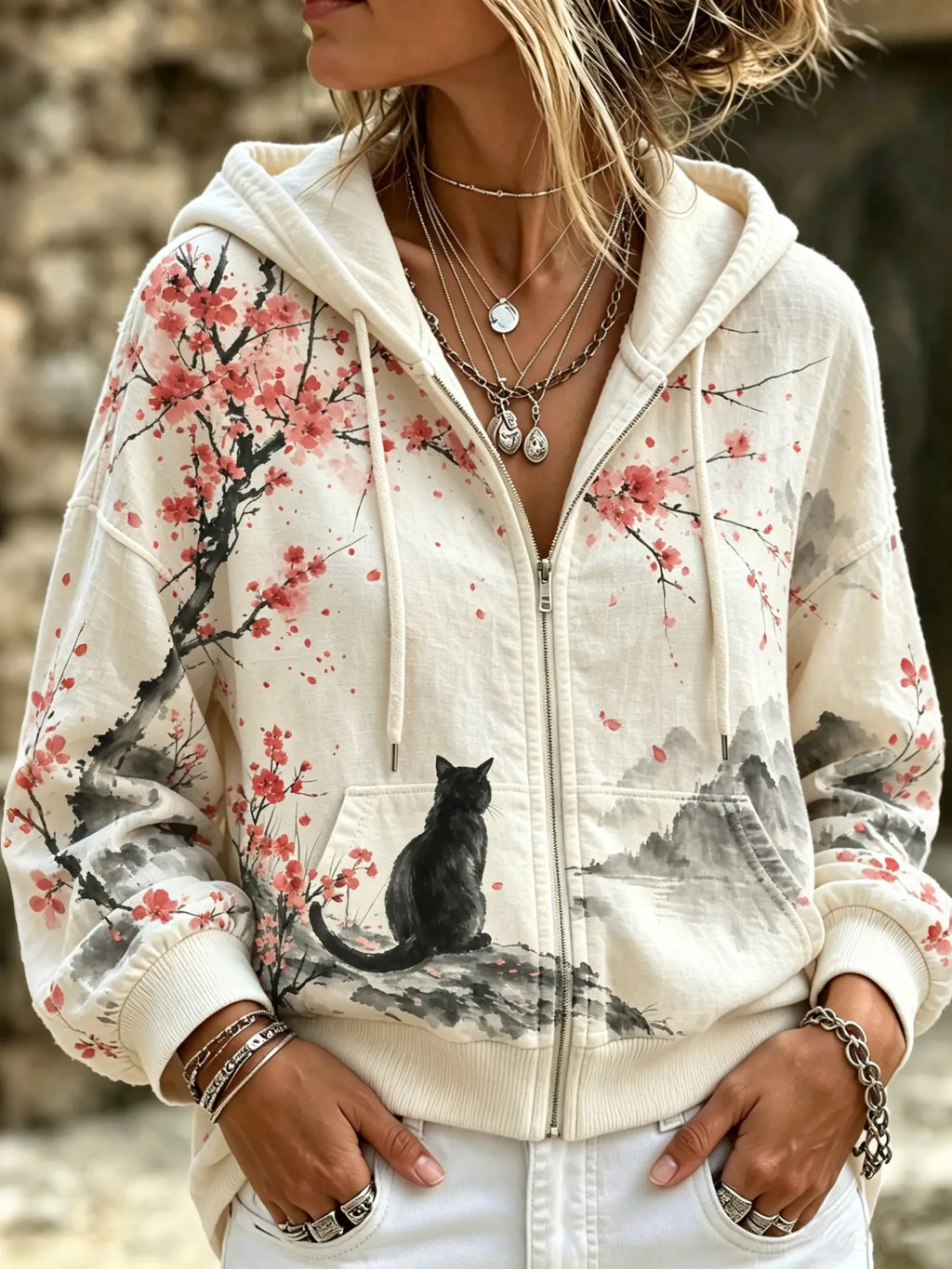 Women's Retro Plum Blossom Black Cat Print Zip-up Hoodie