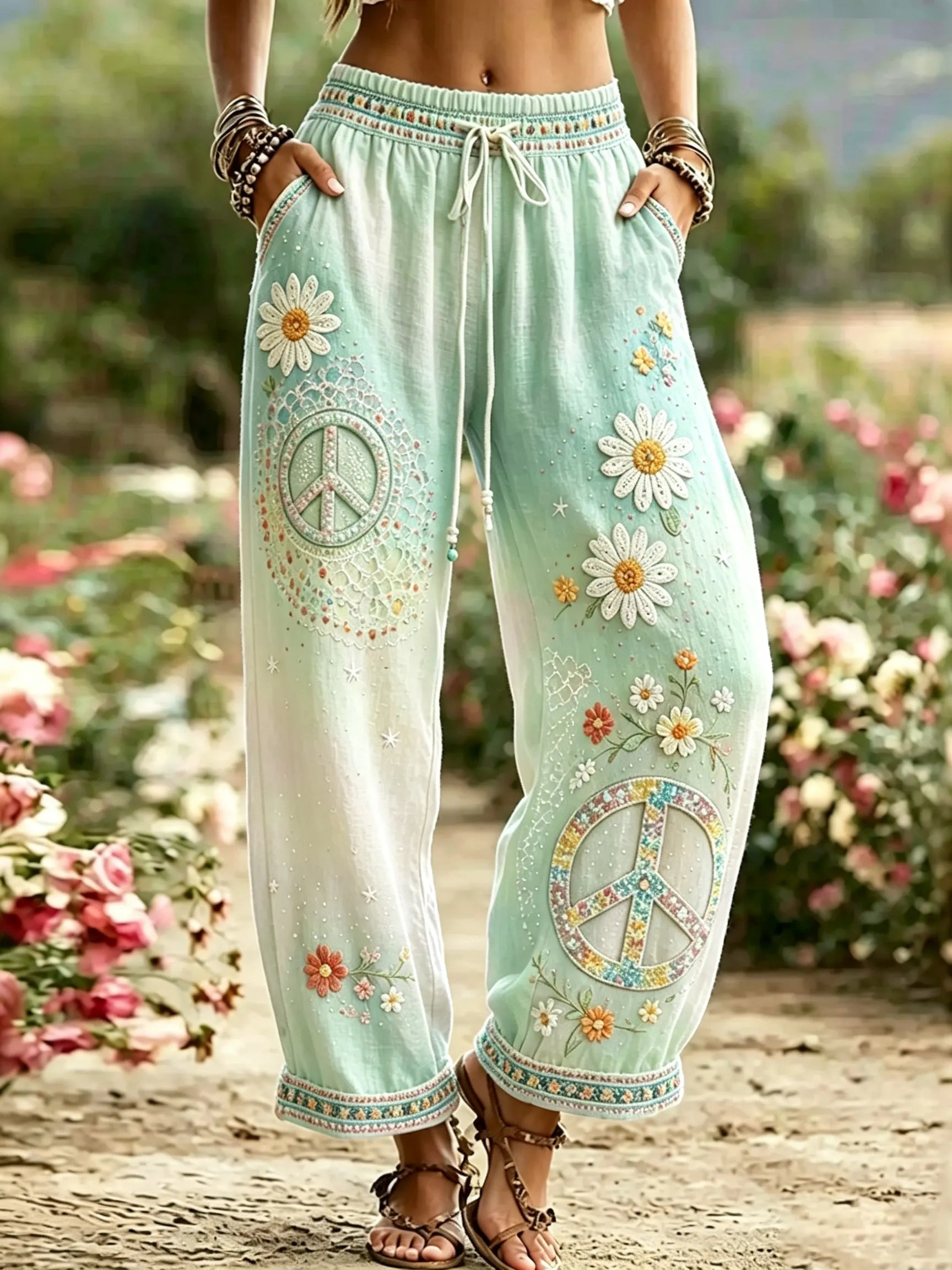 Women's Hippie Vintage Hippie Floral Art Cotton Linen Casual Pants