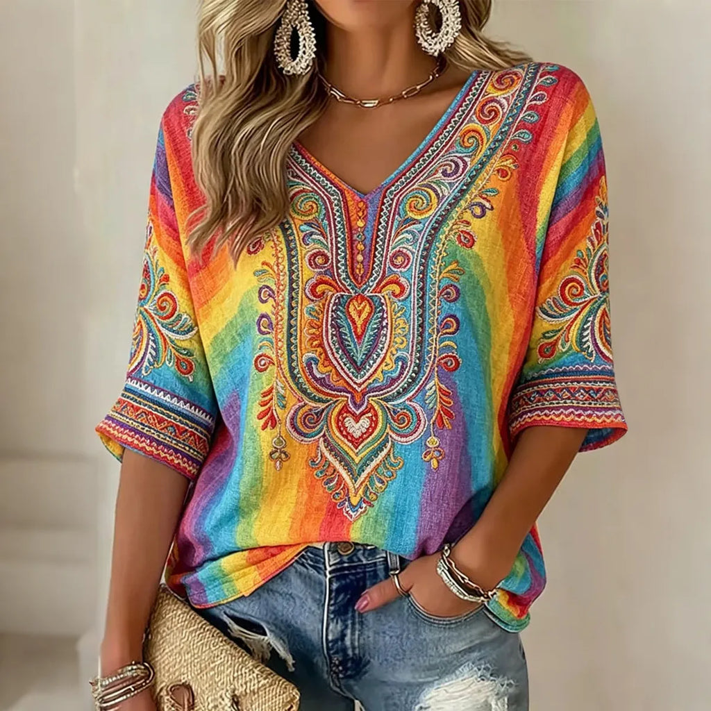 Women's Vintage Hippie Ethnic Patterns Art Flowy Linen Blend Three Quarter Sleeves T-shirt