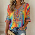 Women's Vintage Hippie Ethnic Patterns Art Flowy Linen Blend Three Quarter Sleeves T-shirt
