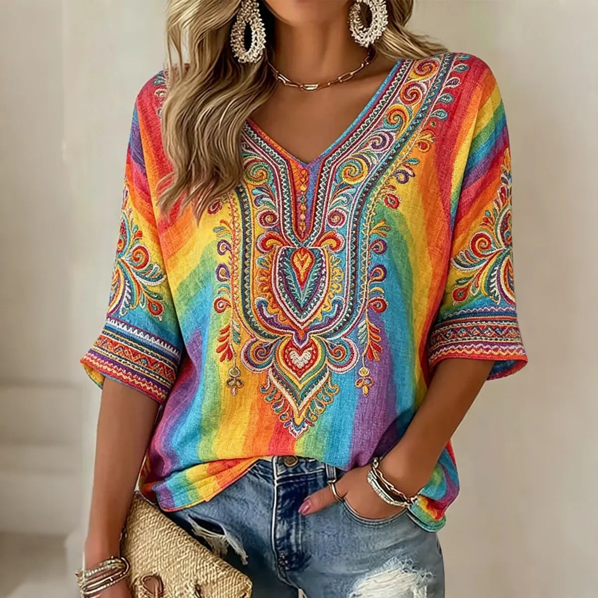 Women's Vintage Hippie Ethnic Patterns Art Flowy Linen Blend Three Quarter Sleeves T-shirt