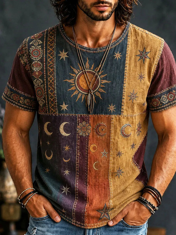 Men's Hippie Sun And Moon Element Patchwork Art Print T-shirt