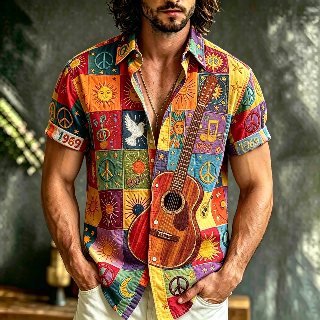 Men's Retro Summer Sun And Stars Hippie Music Colorful Pattern Casual Shirt