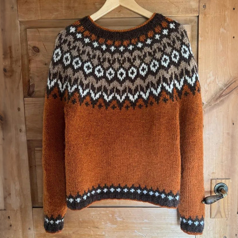 Women's Forest Motif Print Knitted Comfort Round Neck Sweater