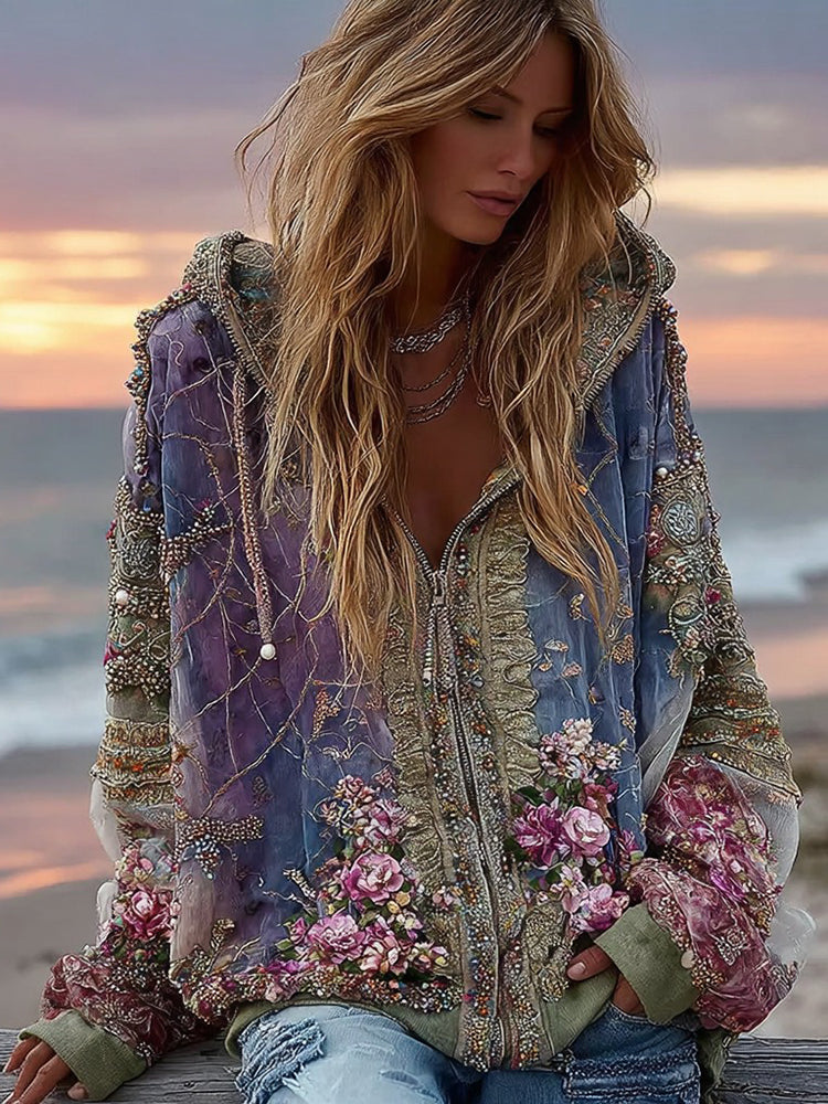 Women's Bohemian Geometric Floral Gradient Zip-up Hoodie