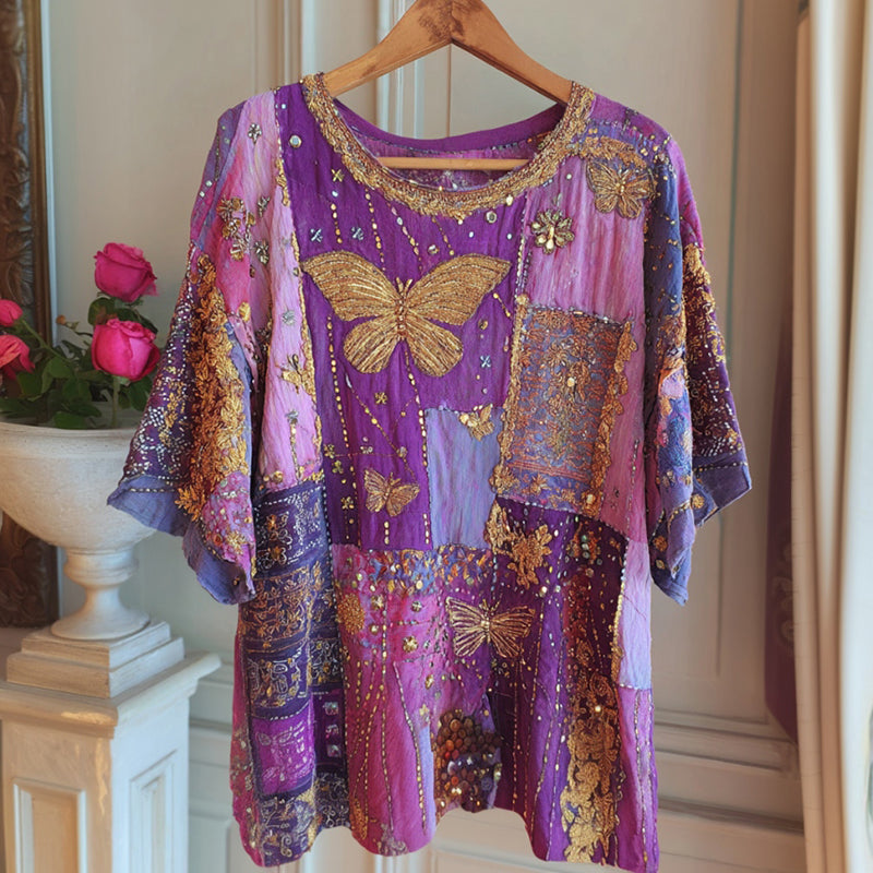 Women's Bohemian Style Butterfly And Patchwork Art Linen Blend Crew Neck T-shirt