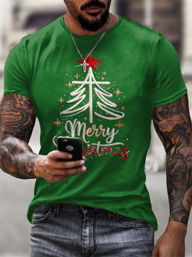 Men's Retro Merry Christmas Cross Print T-Shirt
