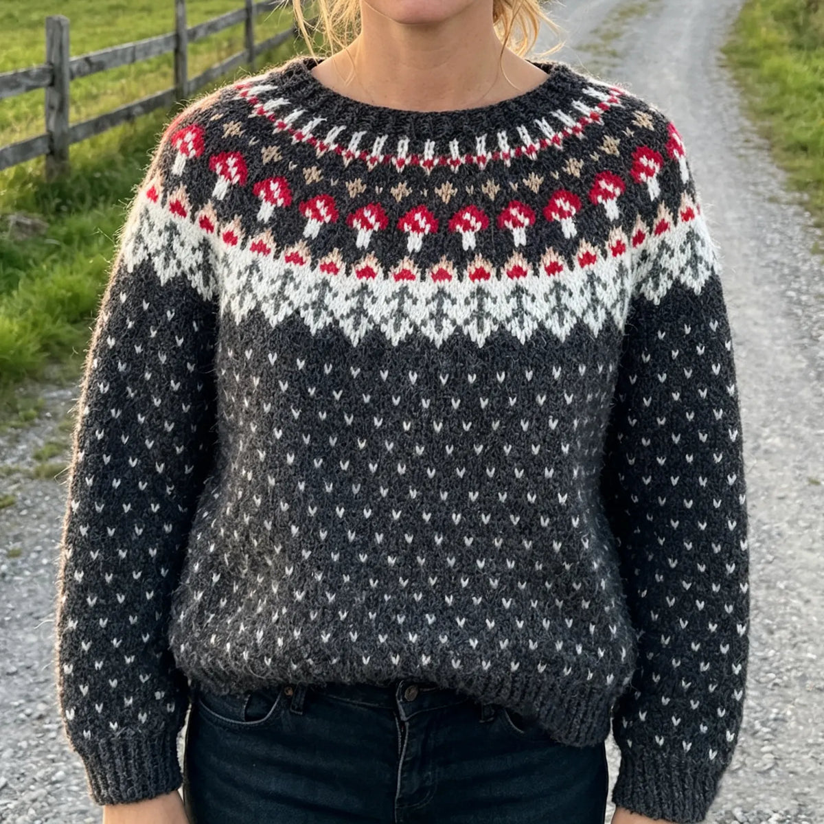Women's Vintage Forest & Mushroom Motif Print Knitted Comfort Round Neck Sweater