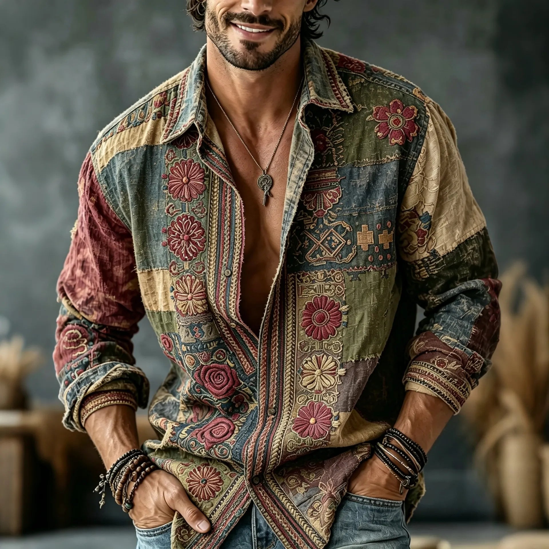 Men's Vintage Floral  Patchwork Embroidered Art Print Flowy Linen Blend Casual Shirt