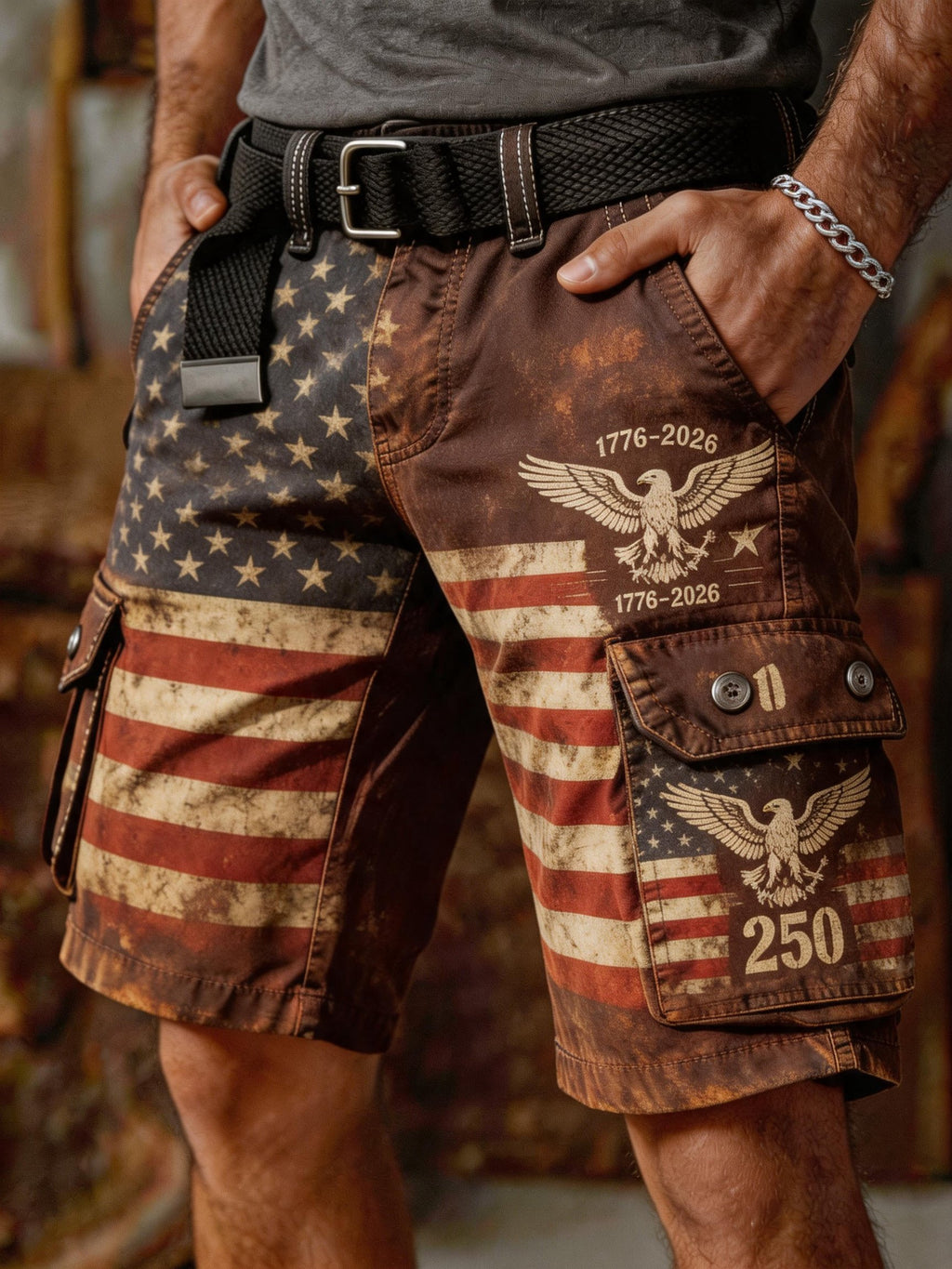 Men's Retro Color-Block Distressed Patriotic Cargo Shorts with Pockets (Belt Not Included)