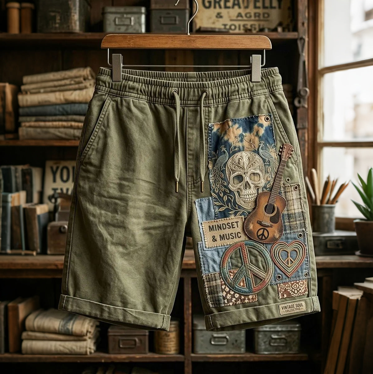 Skull Guitar Hippie Print Casual Shorts