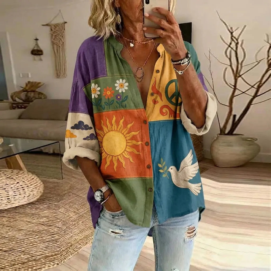 Women's Retro Peace And Love Music Hippie Pattern Casual Shirt