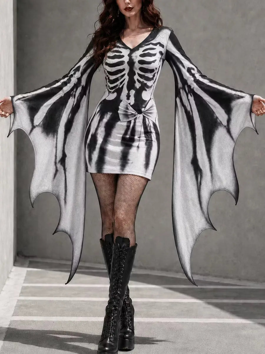 Women's Gothic Skeleton Batwing Flare Sleeve V Neck Bodycon Dress – Halloween Costume