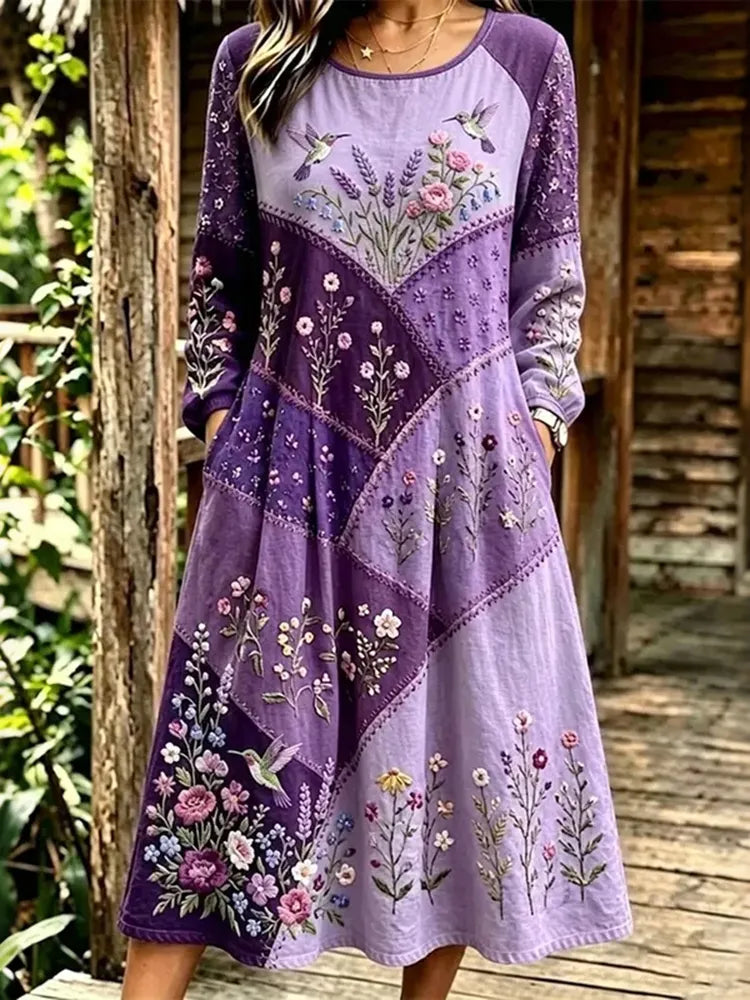 Women's  Retro Floral & Hummingbird Patchwork Art Casual Long-sleeved Dress