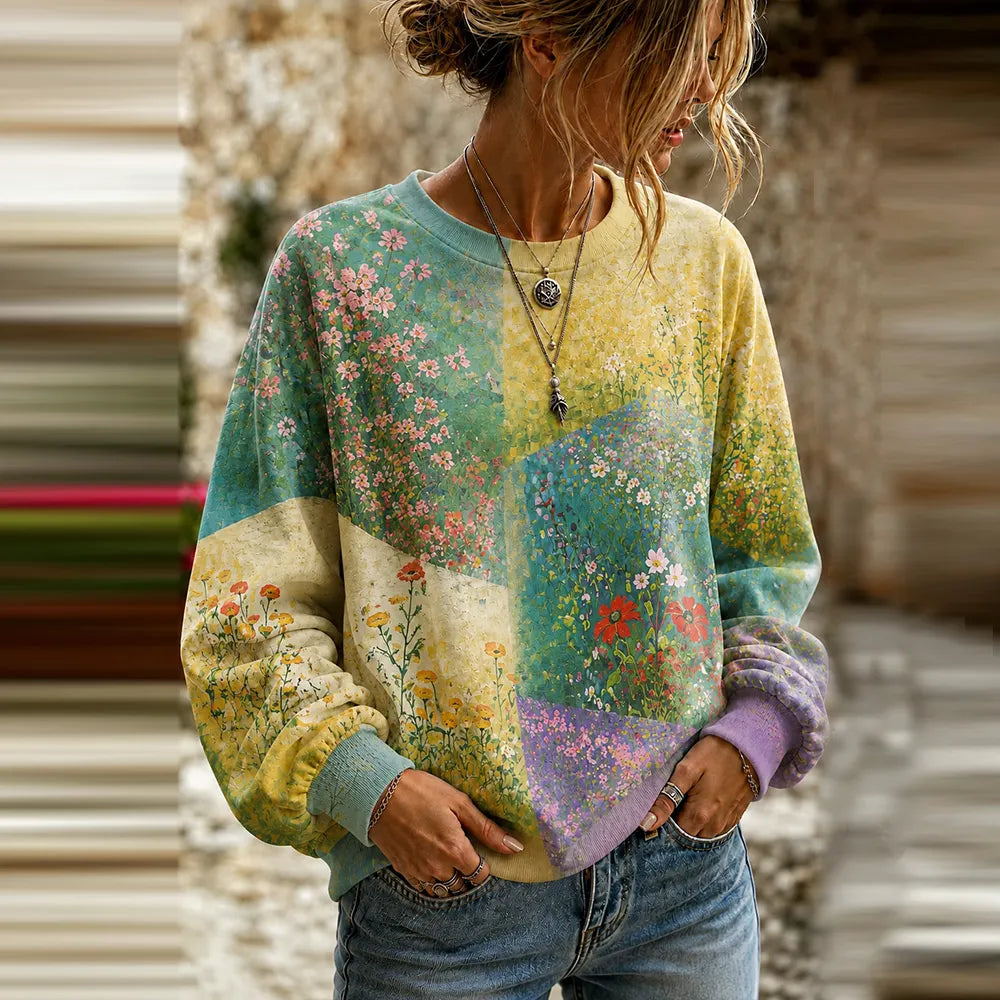 Women's Vintage Oil Painting Small Floral Print Casual Long Sleeve Sweatshirt