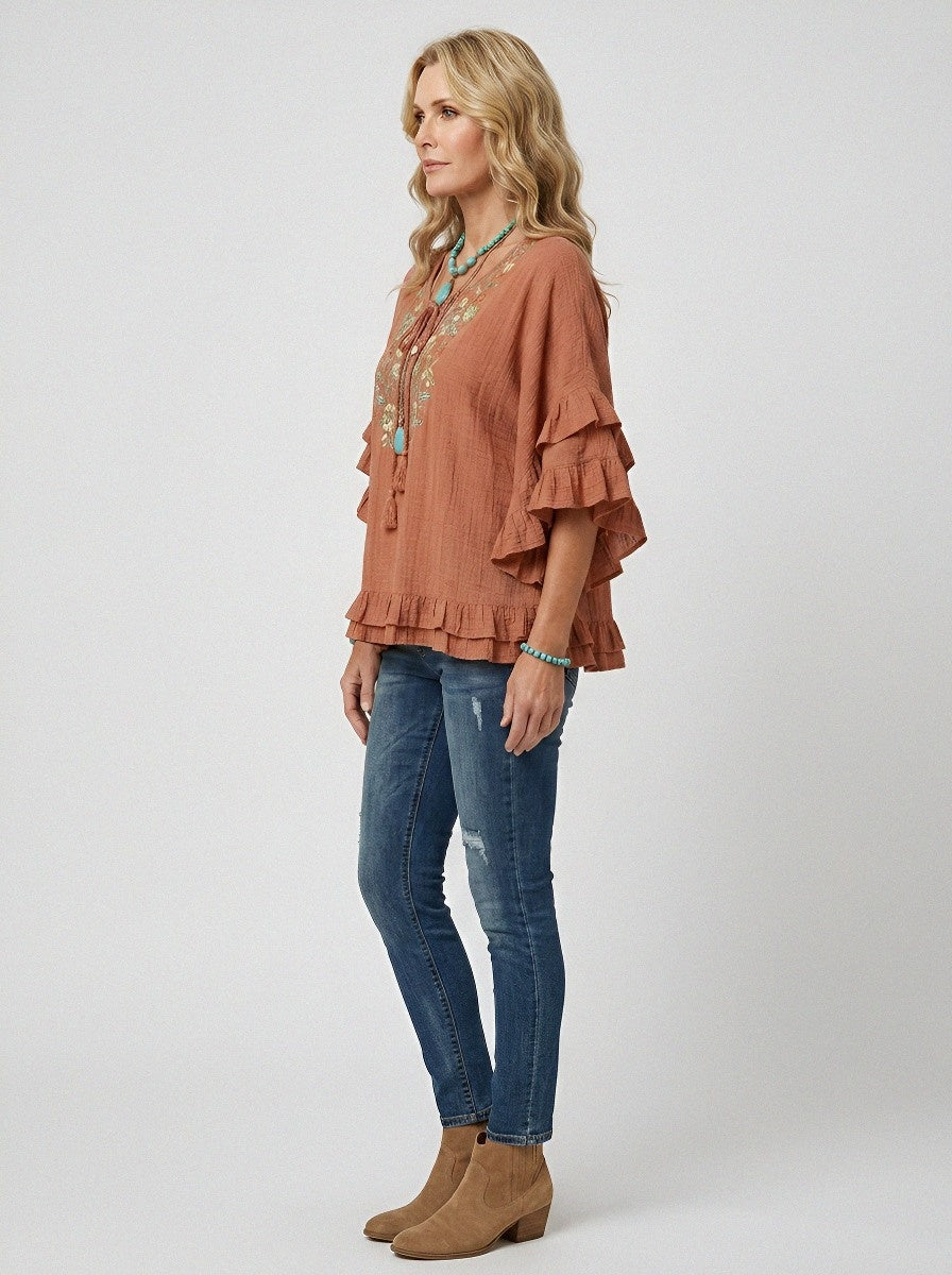 Women's Western Vintage Floral Embroidered Ruffle Printed Top
