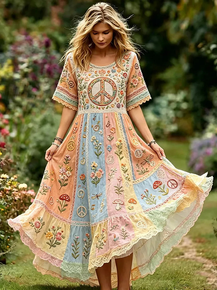 Women's Colorful Floral And Peace Symbol Art Patchwork Cotton Linen Casual Short-sleeved Dress
