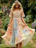 Women's Colorful Floral And Peace Symbol Art Patchwork Cotton Linen Casual Short-sleeved Dress