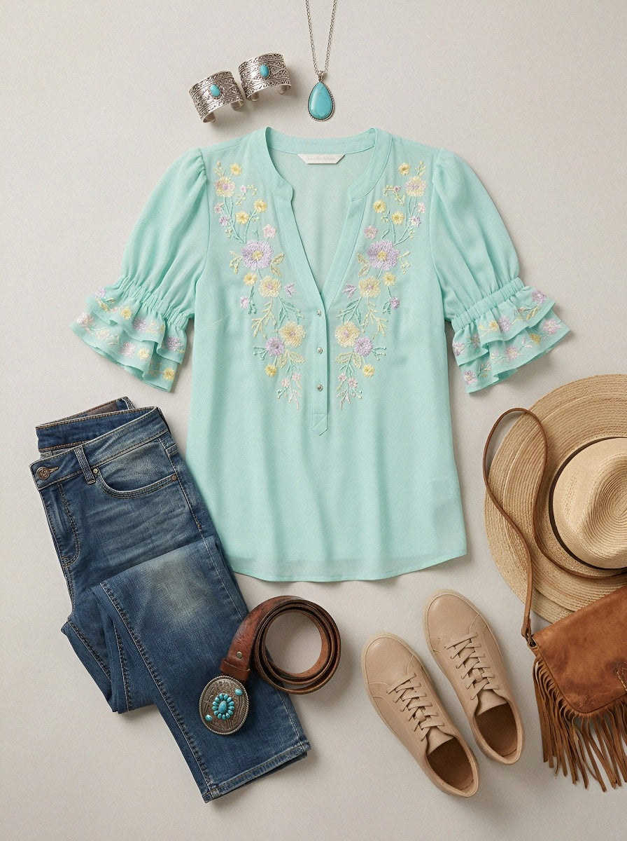 Women's Western Vintage Floral Embroidered Ruffle Sleeve Top