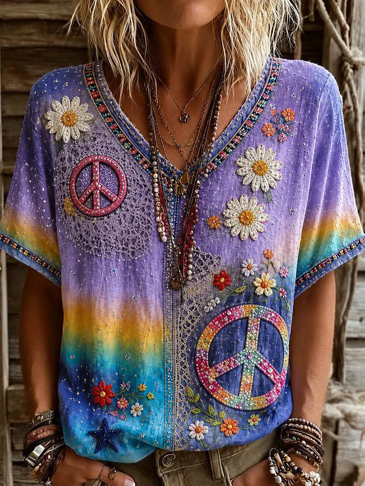 Women's Vintage Hippie Floral Patchwork Art Linen Blend Short Sleeve Tops