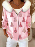 Women's Christmas Plush Zipper Casual Hooded Sweatshirt