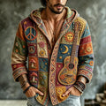 Men's Vintage Rainbow Sun & Peace Sign Patchwork Boho Art Print Flowy Linen Blend Casual Buttons Hooded Shirts