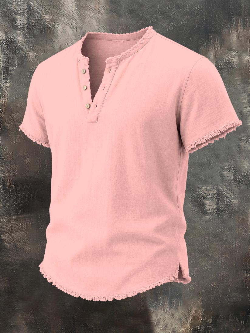 Men's Raw-Edge Cotton-Linen Henley Top