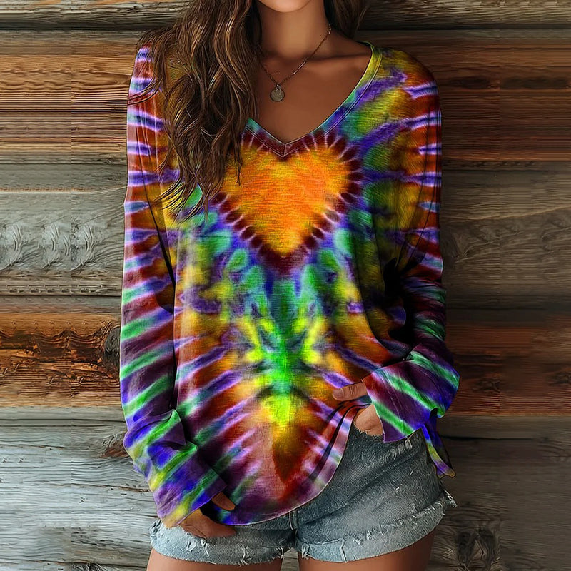 Women's Hippie Heart Tie-dye Art Print Casual V-neck Long Sleeve T-shirt
