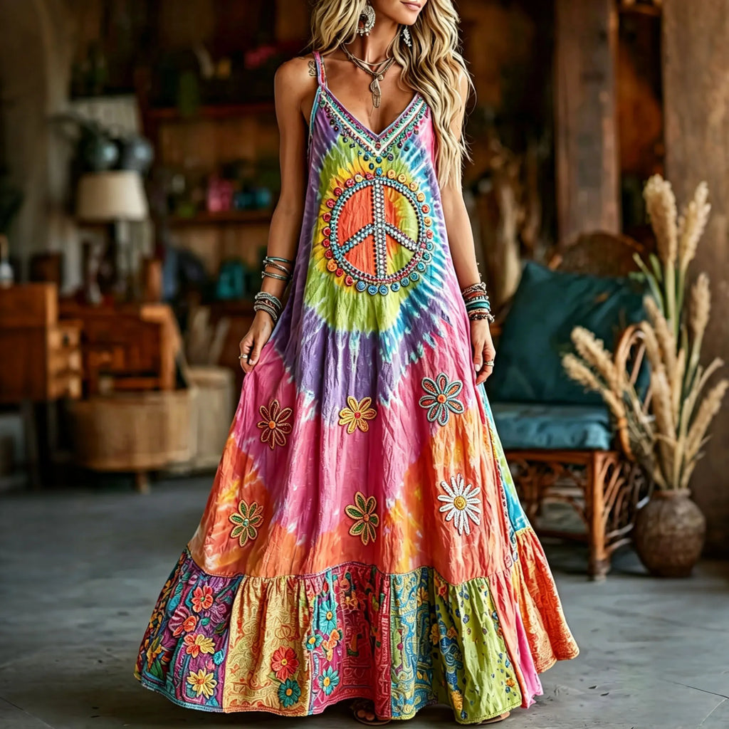 Women's Hippie Floral Peace Pattern Casual Sleeveless Dress