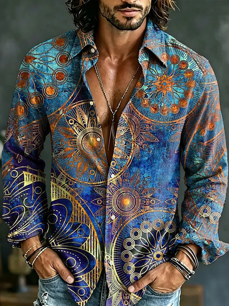 Men's Hippie Art Print Long Sleeves Linen Shirt