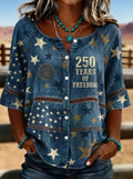 Women's Western Independence Day Star Denim Print Button-up T-shirt