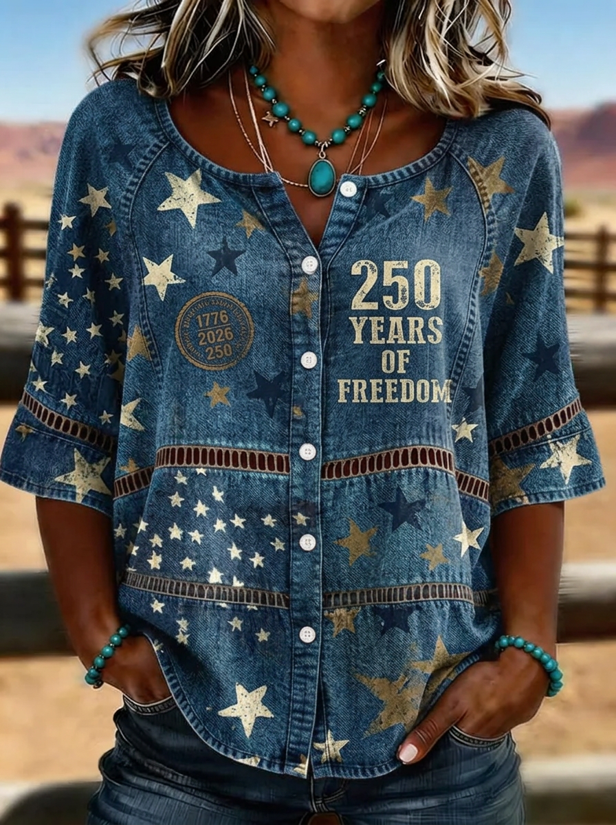 Women's Western Independence Day Star Denim Print Button-up T-shirt