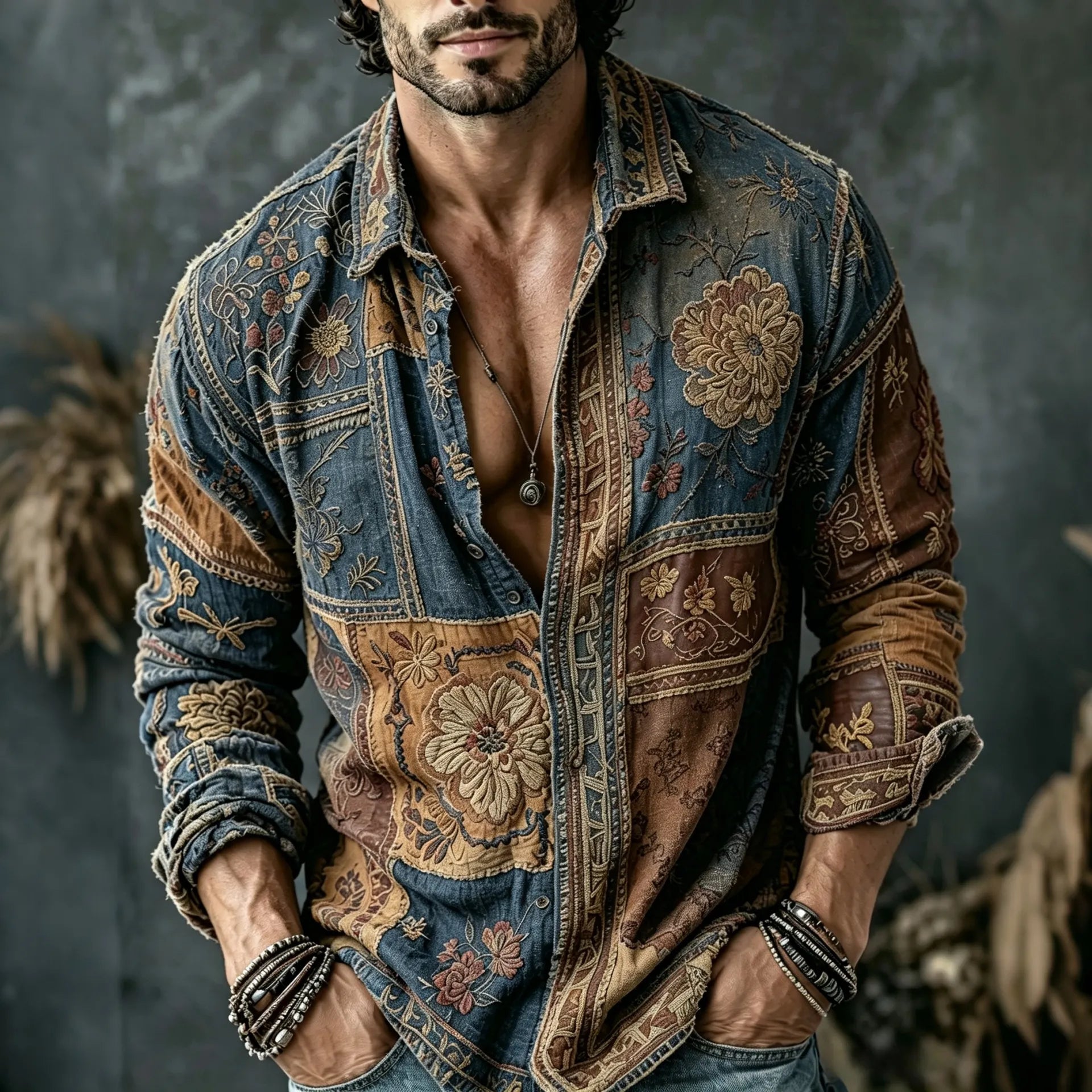 Men's Retro Floral Patchwork Embroidered Art Print Flowy Linen Blend Casual Shirt