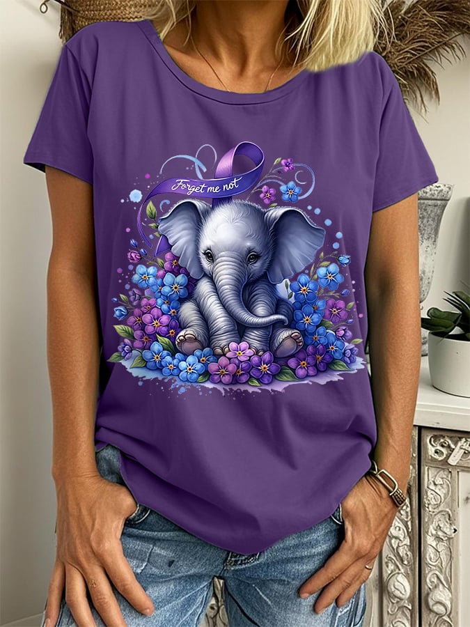 Women's Alzheimer's Disease Awareness Forget Me Not Elephant Print Tee
