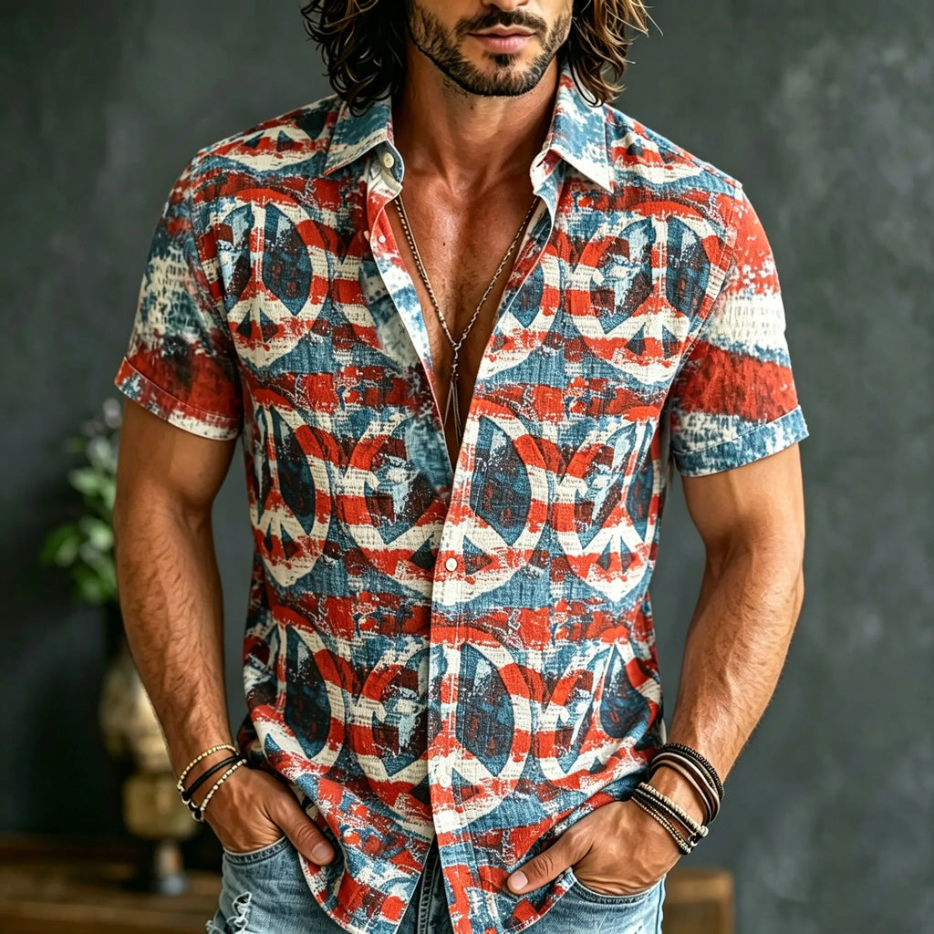 Men's American Flag Print Hippie Style Short-sleeved Shirt
