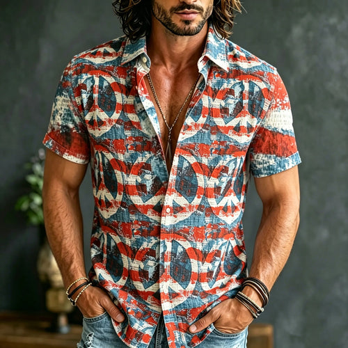 Men's American Flag Print Hippie Style Short-sleeved Shirt