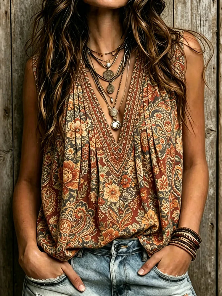 Women's Retro Floral Pattern Crew Neck Linen Blend Tank Top