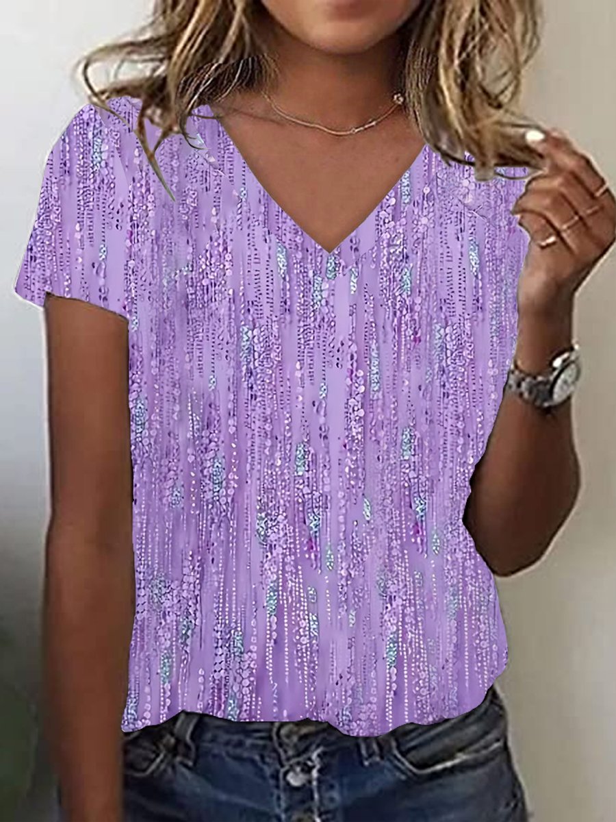 Women's Purple Sequin print V-neck T-shirt