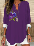 Women's Purple Floral Loose Long Sleeve Crew Neck Top