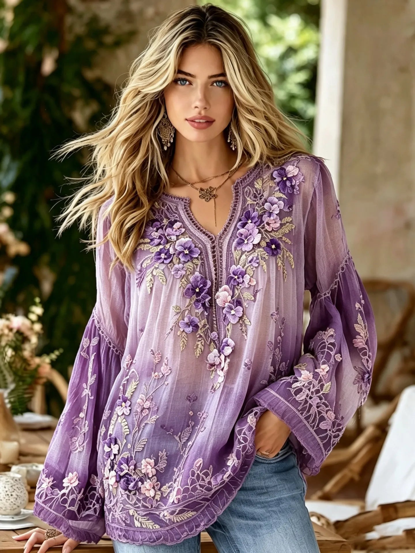 Women's Vintage Pansy Floral Embroidery Print Long Sleeves Linen T-shirt